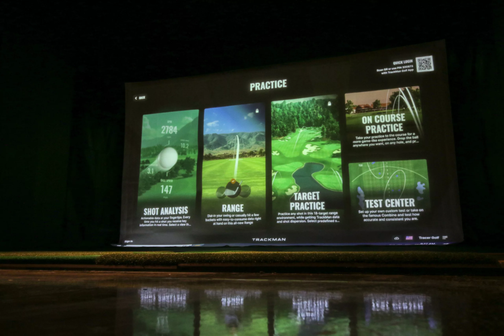 TrackMan Practice Screen showing shot analysis, range, target practice, and on course practice options
