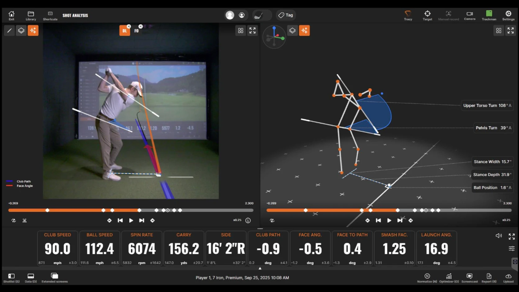 TrackMan shot analysis software showing swing data, ball flight, and club metrics